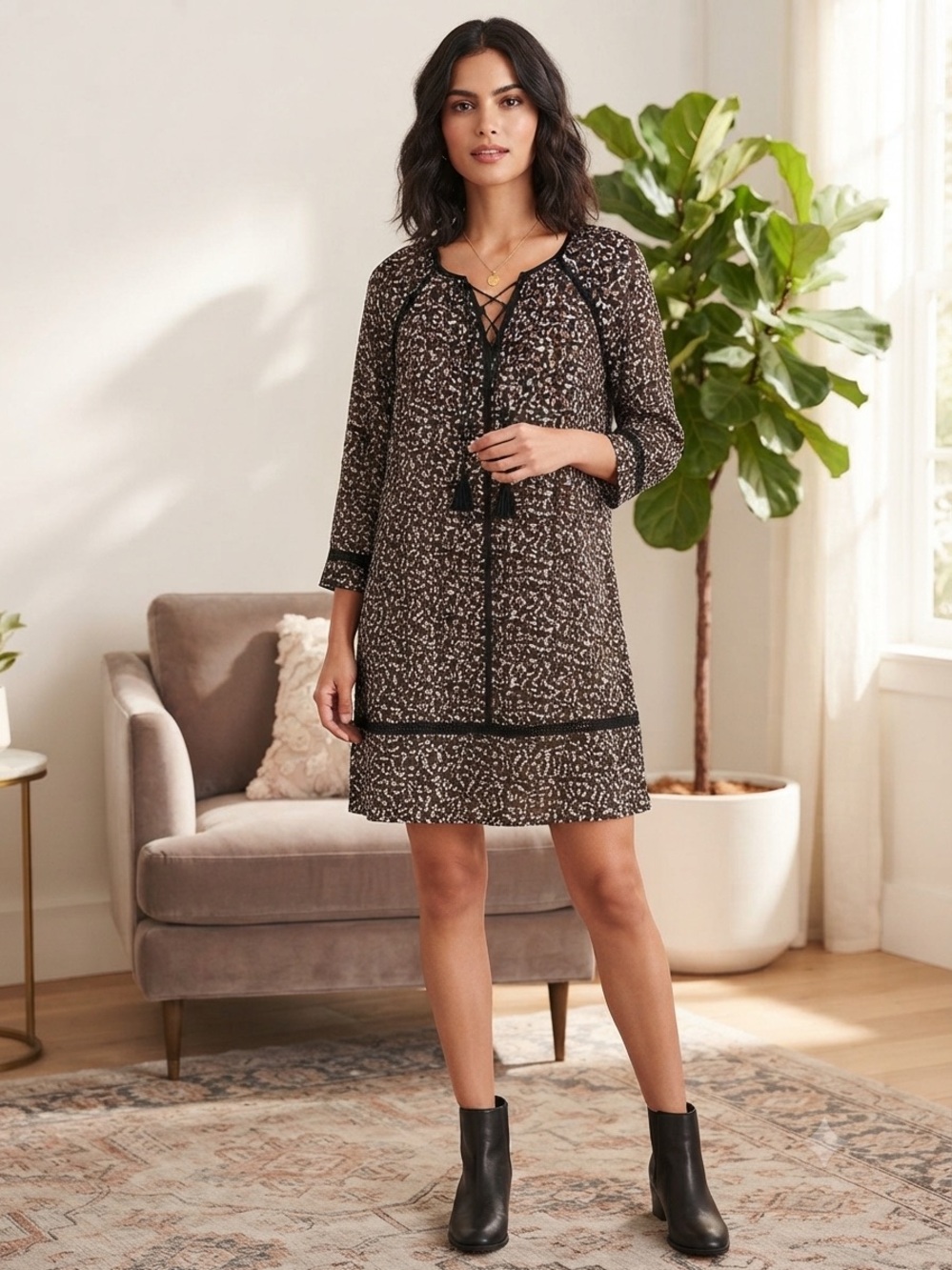 Michael Micheal Kors Boho Lace-Up Shift Dress in Brown and Black Small